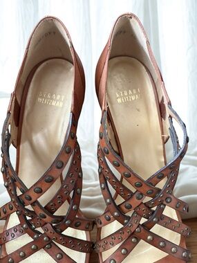 Stuart Weitzman Cognac Brown Studded Leather Strappy Heels